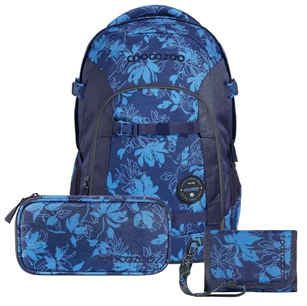 Coocazoo Schulrucksack-Set JOKER „Tropical Night“ 3-teilig, blau, ergonomischer 25L Tornister, mit Brust- und Hüftgurt für Kinder ab der 5. Klasse, inkl. Mäppchen und Geldbörse