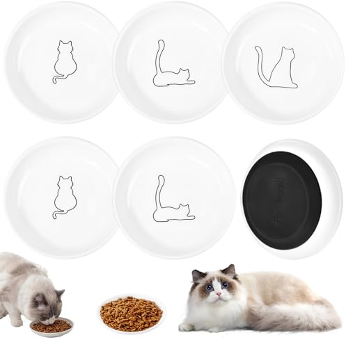 BRRDAQU 6 Piezas Comedero Gato, Cuenco Plano de Cerámica para Gatos Cuencos para Gatos con Base de Silicona Antideslizante Cuenco Gato para Mascotas, Cachorros Fácil de Limpiar(14.5 * 3CM)