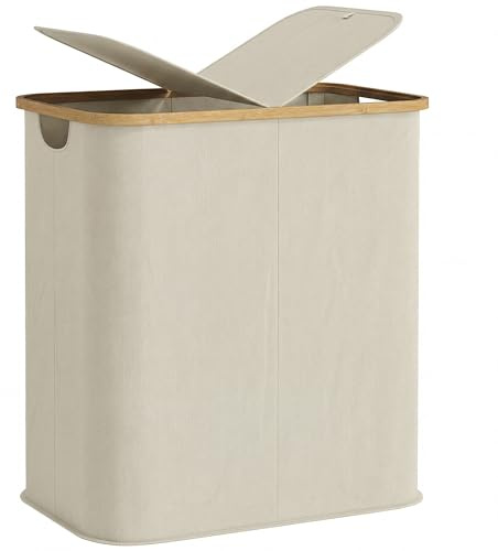 HOMCOM Panier à linge double pliable 80 L corbeille à linge sale avec couvercle, poignées rainurées, bac à linge pour salle de bain, chambre à coucher, buanderie, beige