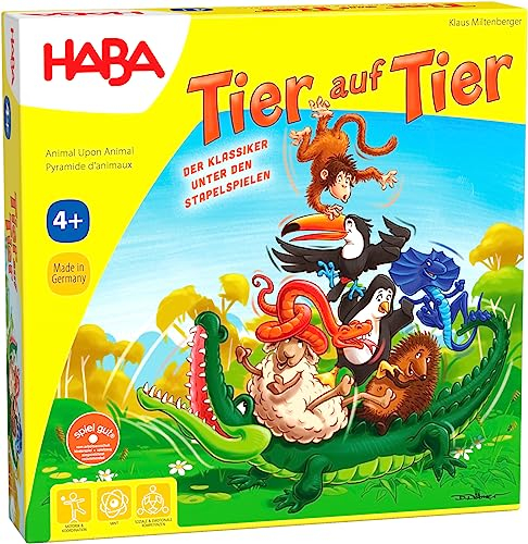 HABA Tier auf Tier – Stapel- und Würfelspiel aus Holz mit 29 Tieren, Wackelspiel für Kinder ab 4 Jahren, Fördert Feinmotorik & Konzentration – 2011189001