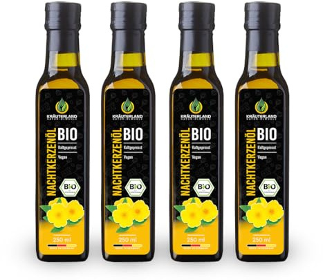 Kräuterland Bio Nachtkerzenöl 4x250ml (1Liter) kaltgepresstes Speiseöl | mit natürlicher Linolsäure und Gamma-Linolensäure aus reinen Nachtkerzensamen, milder Geschmack, Gluten- & GVO-frei im Glas