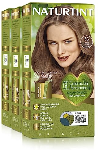 Naturtint Biobased | Coloración sin amoniaco | 100% cobertura de canas | Ingredientes vegetales | Color natural y duradero | 6G Rubio Oscuro Dorado | Pack de 3