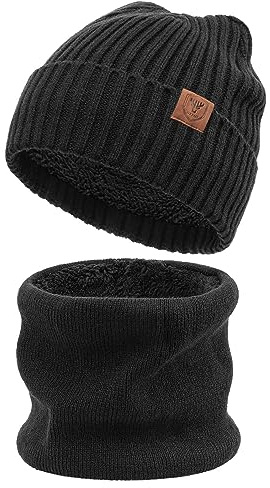 OZERO Winter Beanie Mütze,Thermo Strickmütze Laufmützen Wintermütze für Herren und Damen (DE/NL/SE/PL, Alphanumerisch, Einheitsgröße, Schwarz(Dicker Faden Set))