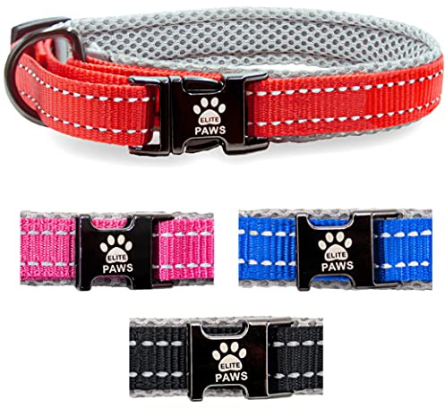 Elite Paws® UK Padded Dog Collar, Metal Buckle (25-30cm, Red/Grey) | Strong Metal Buckle, Soft Padded Mesh, Reflective Stitching, Adjustable Secure Fit, For Puppy Walking & Training