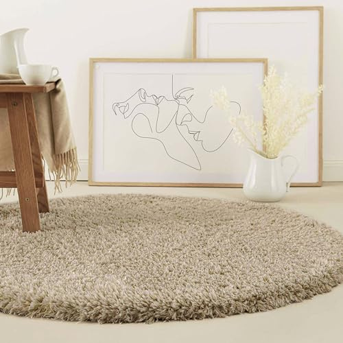 Homie Living Matteo gewebter Teppich, 120 cm rund, Sand | Läufer, nachhaltig, modern, einfarbig, kuschelig weich und sehr flauschig, Hochflor bestens geeignet für Wohnzimmer
