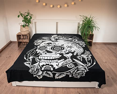 Ancient Wisdom Wandtuch XXL - 230 x 200cm - Wandteppich psychedelic Wandbehang Tapisserie Mandala (Totenkopf S/W)