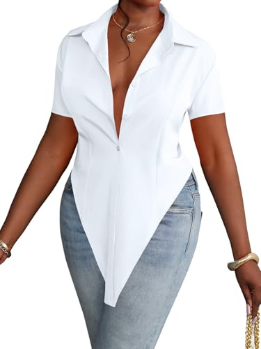 LYANER Women's Collar V Neck Button Front Short Sleeve Slit Hem Long Shirt Blouse Top Solid White X-Large
