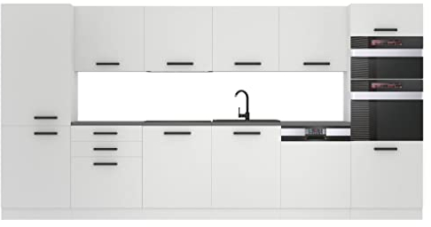 Belini Küchenzeile Küchenblock Naomi - Küchenmöbel 360 cm Einbauküche Vollausstattung ohne Elektrogeräten mit Hängeschränke und Unterschränke, mit Arbeitsplatten, Weiß matt