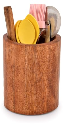EDHAS Natural Mango Wood Cooking Utensil Holder for Countertop, Spoons, Cooking Tools, etc. (12.7cm x 12.7cm x 15.24cm)