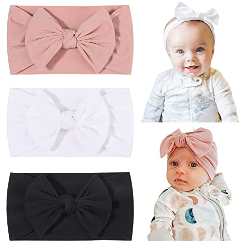 Jollybows 3 Stück Stirnband Baby Mädchen, Baby Schleifen Haarband Haarschleife Haarbänder für Kinder Neugeborene Baby Haarschmuck (Schwarz Weiß Rosa)