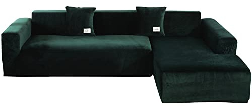 ele ELEOPTION Sofa Überwürfe elastische Stretch Sofa Bezug 2er Set 3 Sitzer für L Form Sofa inkl. 2 Stücke Kissenbezug (Pur Dunkelgrün)