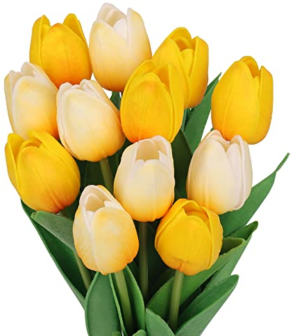 N&T NIETING 12 Pezzi Tulipani Artificiali, Gialli Tulipani Artificiali, Tulipani Finti Realistici, Fiori Artificiali Per Bouquet Di Nozze, Decorazione Da Tavolo, Decorazione Per La Casa In