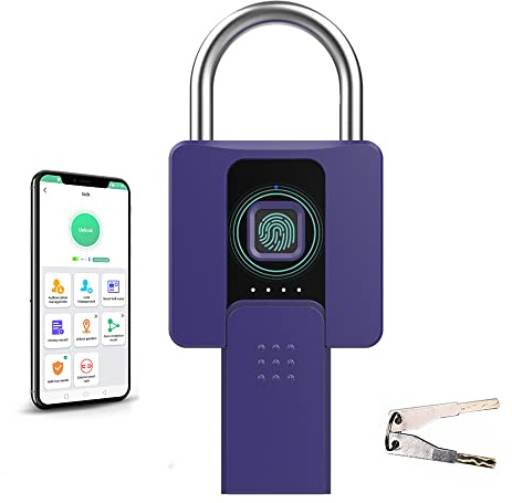 eLinkSmart Großes Vorhängeschloss mit Schlüssel, Fingerabdruck-/Telefon-App, Remote-Autorisierung, Schweres Vorhängeschloss für LKW, Tore, Büro, Im Freien wasserdicht,Typ-C 160mAh,lila