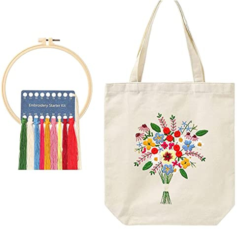 Sticken für Anfänger DIY Set Canvas Tasche, Kreuzstich Kit Blumenmuster Kunsthandwerk Starterset Stickerei für Erwachsene Anfänger Beige
