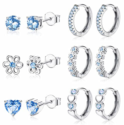 JeweBella Set med 6 par små örhängen för kvinnor och flickor, 925 sterlingsilver, allergivänliga broskörhängen, blomhjärta, kreoler, rosa, lila, blå, örhängen, set för barn