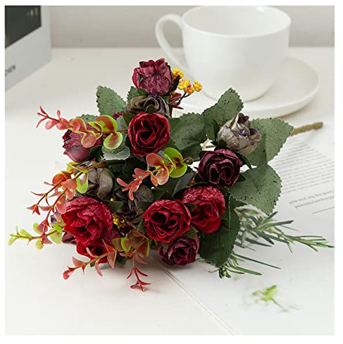 Fleurs Artificielles avec Vase 21 Têtes Artificielles Faux Rose Bouquets Fleurs Décoration for Table Bureau À Domicile De Mariage Douche Nuptiale Maison Cuisine Décoration Fleurs Artificielles Deco(Co