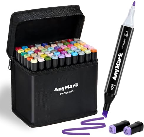 AnyMark 60 Färger Alkoholbaserade Markers, Dubbelspetsade Konstpennor för Vuxna, Färgning och Ritning, Mejselspets och Finspets, Svart Pennkropp