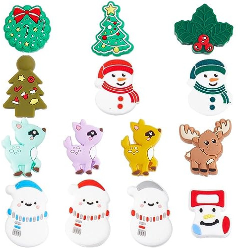 SUNNYCLUE 1 scatola 14 pezzi Perline In Silicone Natalizio Perline Focali In Silicone Pupazzo di Neve Sfuso Albero di Natale A Forma di Perline Forme di Animali di Renna Perline Grandi per Penne Cordi