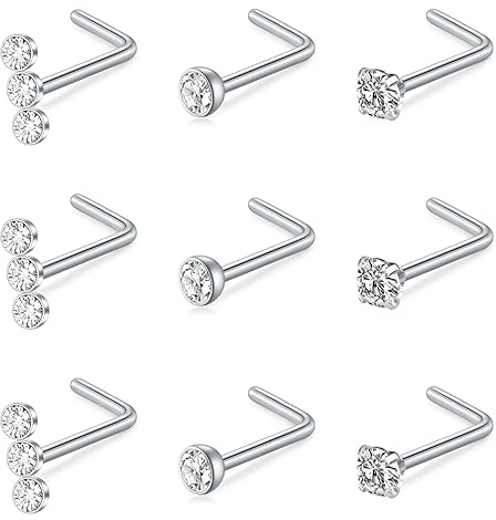 Mayhoop 20G Nose Rings Studs 316L Surgical Stainless Steel L Shape Bone Diamond Heart Corkscrew Nose Ring Nostril Piercing Jewelry for Women Men