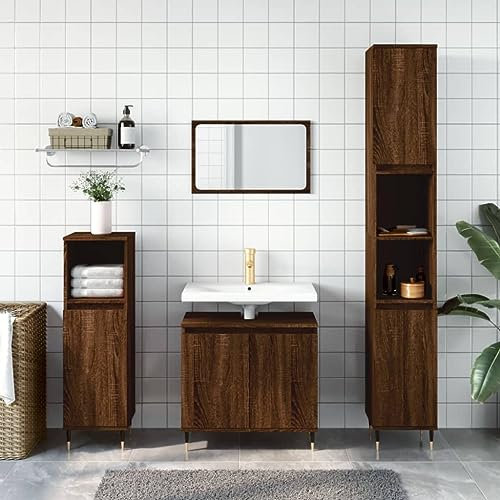 Homgoday Badschrank mit viel Stauraum Badezimmerschrank Aufbewahrungsschrank Badezimmer Badregal Badmöbel Schrank für Bad Wohnzimmer Flur Braun Eichen-Optik 58x33x60 cm Holzwerkstoff