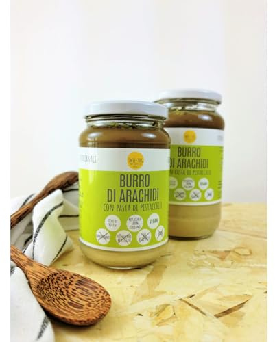 Mantequilla 100% cacahuetes – con pasta 100% pistacho italiano. Vegano Sin azúcar. Formato de 370 g.