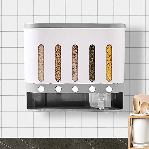 TESUGN Dispensador de arroz, 5 rejillas, contenedor de almacenamiento de cereales de gran capacidad, dispensador de alimentos, dispensador de cereales montado en la pared para almacenar pasta,