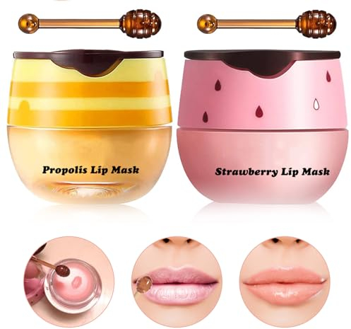 Wimony Honey+Strawberry Bee Balm Lip Mask Set - Day & Night Lip Care, Reduce Lines, Brighten Color, Deep Hydration (2 Pcs)
