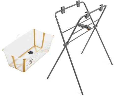 Stokke Flexi Bath (Mickey Celebration) + Flexi Bath Stand - Babybadewanne für Babys bis 10 kg - Faltbar, langlebig und einfach zu verstauen - Bequem zu Hause oder auf Reisen zu verwenden