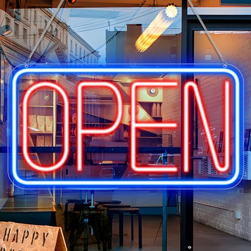 LED Neon Open Sign, 16.9 x 9.8 Light Up Open Sign for Business with USB Power, Dimmable LED Sign for Storefront, Bar, Restaurant, Shop, Window and Wall Decor(Blue&Red)