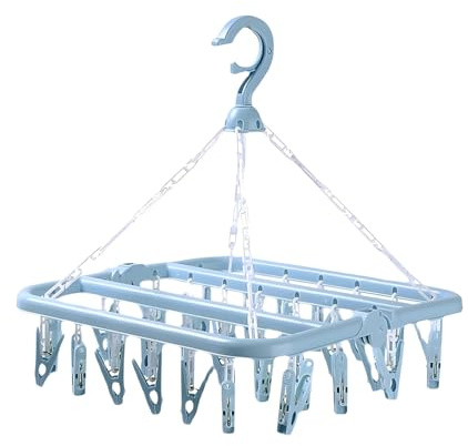 gogocow Clothes Drying Hanger, Foldable Sock Drying Rack, with 32 Clips Sock Hangers for Drying (Light Blue)