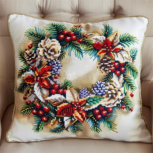 Lfynior Kreuzstich Kissen Set Vorgedruckt Weihnachten Stickkissen mit Muster 45X45cm Stickpackung Stickset Kreuzstich Kissen zum Basteln Stickkissen Stickpackung mit Vorgedruckt Kreuzstichmotiv
