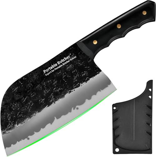 FULLHI Portable Butcher Japanischer Koch Metzger BBQ Messer mit Schutz, hohe Kohlenstoffstahl Hand geschmiedet Ausbeinen Fleisch Hackmesser mit Messerscheide für Küche, Camping (7.08)