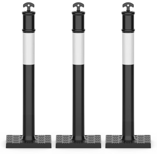 RoadHero 45 Inch Delineator Post with Rubber Base,Heavy Duty Black Traffic Delineator Posts Cones with Reflective Collars for Parking Lots, Road Safety, Construction Events 3 Pack