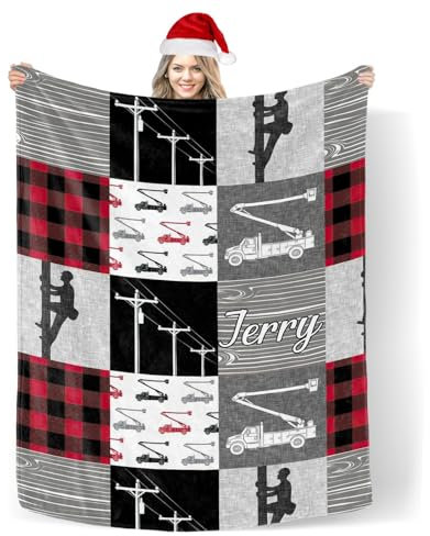 Kuscheldecke Benutzerdefinierte Decke Mit Namenstext, Personalisierte Lineman Patchwork Fleece Decke Gemütlich Wohndecke Waschbar Sofadecke Für Wohnzimmer Bank Winter 125X150cm