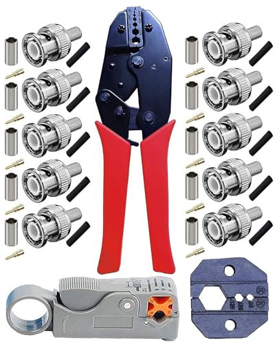 NUZBCPETR Ensemble d'outils de sertissage BNC, pince à sertir à cliquet BNC/TNC et dénudeur de câble coaxial rotatif avec 10 connecteurs à sertir mâles BNC for RG58