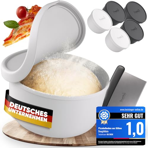 Pizzaballenbox mit Deckel 6er Set inkl. Teigschaber - Ideal als Pizzabox, Teigbox, Für bis zu 350g Pizzateig, Anti-Haft-Silikon, Gefrier- und Spülmaschinengeeignet, Lebensmittelecht Schwarz/Weiß