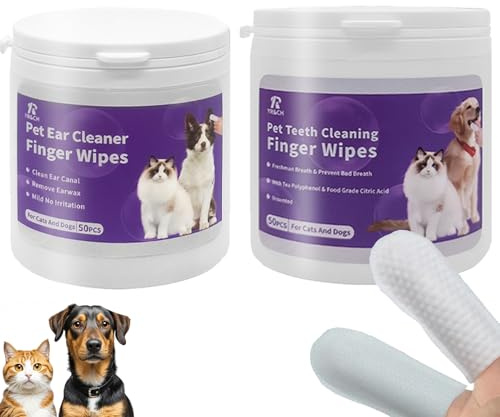 Pepultech Dog Ear Cleaner Wipes & Teeth Cleaning Wipes Set, Dog Dental Finger Wipes, Disposable Cats Ear Finger Wipes,Reduces Plaque & Freshens Breath & Earwax and Dirt, Easy to Use (100pcs)