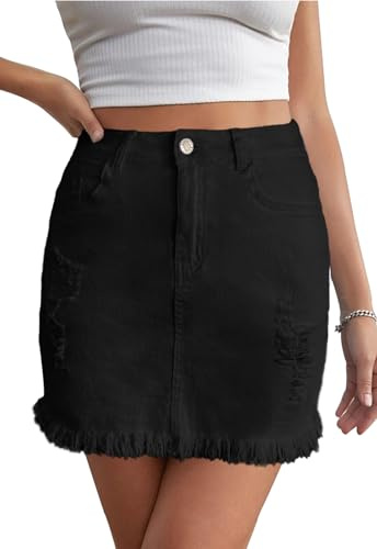 Alaster Queen Jupe courte en jean pour femme - Taille extensible - Jupe d'été avec poches, Noir , M