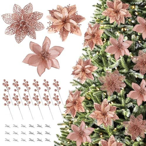 Hobyhoon 30pcs Poinsettia Christmas Decorations,3 kinds Christmas Tree Flowers,Rose Gold Poinsettia Artificial Glitter Flowers for Home DIY Xmas Wreath Holiday Party(Rose Gold)