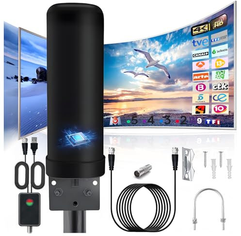 Antenna TV Digitale, Antenna TV Interna Esterna IP66 Antifulmine con Amplificatore e Cavo Coassiale 13M per DVB-T DVB-T2 1080P 4K VHF, UHF, DTMB