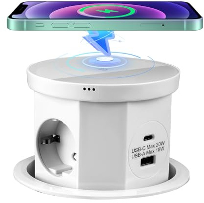 Enchufe retráctil, enchufe empotrado de 4 enchufes con 1 USB C 1 USB-A, enchufe empotrable de mesa retráctil con cargador inalámbrico de 15 W, para oficina, cocina (blanco)