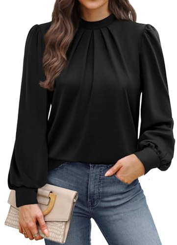 WIHOLL Blouses for Women Long Sleeve Tops Mock Neck Pleated Shirts Ladies Tops Business Loose Fit Size 10-12 Black