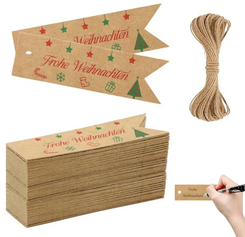 100 Frohe Weihnachten Geschenkanhänger Etiketten - Weihnachten Geschenkanhänger, Kraftpapier Etiketten, Handarbeit Inklusive 10m Schnur, Etiketten Zum Verpacken Von Weihnachtsgeschenken
