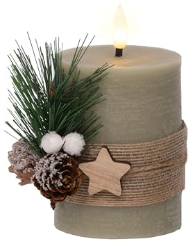Lumineo LED Kerze mit Timer 7,5x13cm Wachs - flackernde Flamme Effekt - Echtwachskerze Adventskerze batteriebetrieben - Weihnachtskerze Rustik Grün/Warmweiß