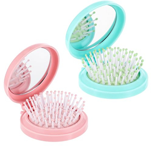 2 PCS Round Folding Travel Hair Brush with Mirror, Mini Portable Foldable Pocket Brush, Compact Pop Up Hairbrush Massage Comb for Women Men Wet and Dry Hair (Pink, Green)