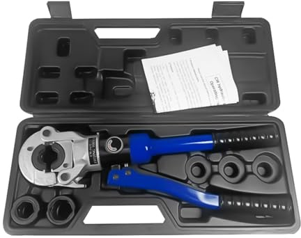 Pinza crimpatrice idraulica 10T 98KN per tubi di rame 1/2 3/4 1 con 3 matrici testa girevole a 360° robusta costruzione in acciaio pressa per tubi portatile inclusa cassetta degli attrezzi