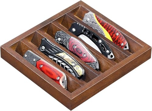 Emfogoo 1 Stück Messerhalter, Holz Messerständer, Ausrüstungstablett Messer Vitrine, Sammelmesserständer für Klappmesser und EDC-Taschenlampe,Heimdekoration (Nussbaum)
