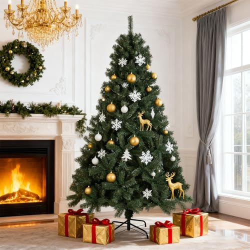 6ft/185cm Classic Artificial Christmas Tree, Xmas Tree with Realistic Natural Branches and Solid Metal Stand, Artificial Pencil Tree Xmas for Indoor Home Apartment Porch Party, Easy Assembly