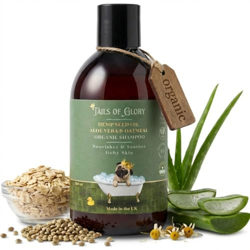 Tails of Glory Shampoing Bio pour Chien, Aloe Vera et Avoine, 300 ML, Hypoallergénique, sans Parabènes ni Sulfates, pour Peaux Sensibles, pour Chiots dès 8 Semaines, Fabriqué au UK