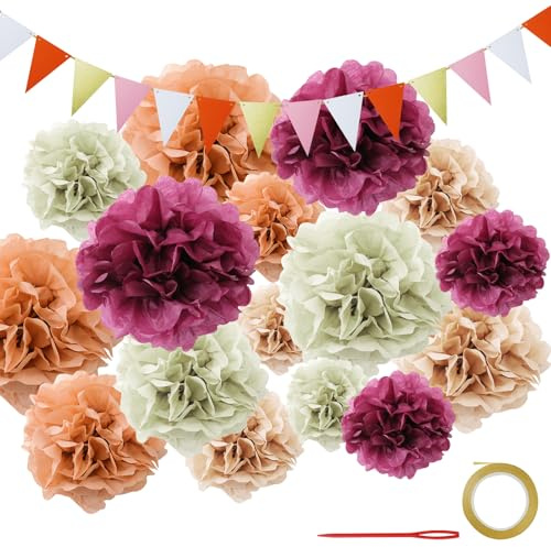 16 palline di fiori di carta, pompon di carta velina, decorazioni a pompon, 4 colori e 4 misure, con 1 bandierina, per feste di compleanno, matrimoni, feste